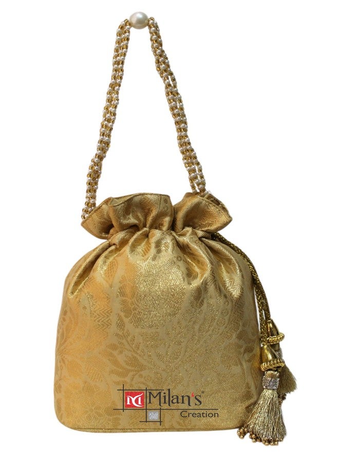 MILAN'S CREATION Banarasi Silk Brocade Potli Bag Purse With Base Drawstring Women's handbag with Pearl Handle & Tassel Weddings (Gold) - Image 1
